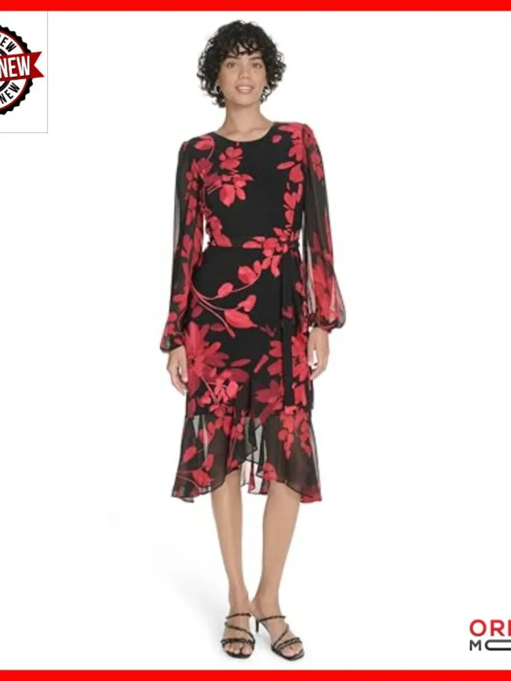 Long Sleeve Midi Dress with Balloon Sleeves Velvet Wrap Flutter Hem